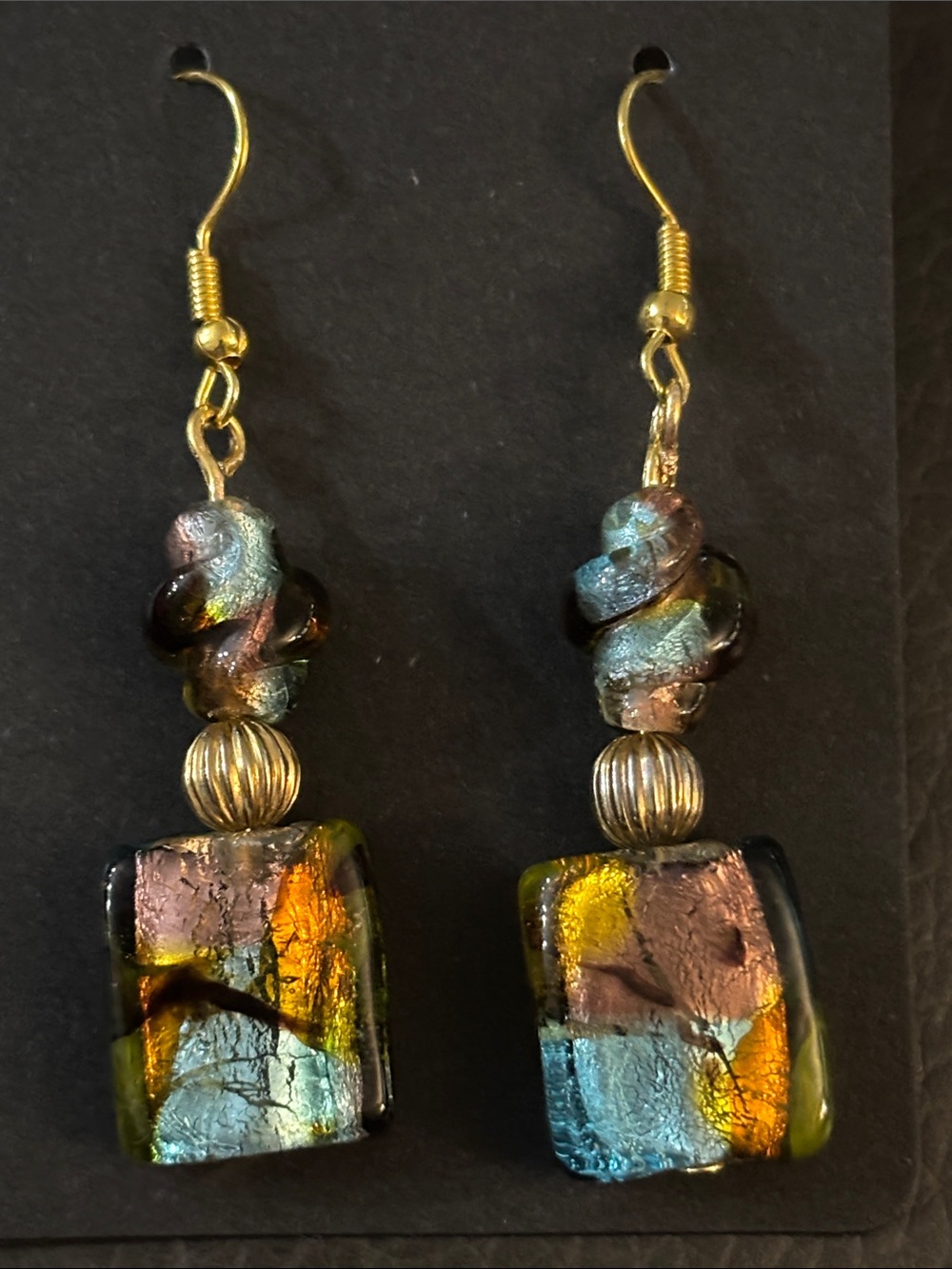 Handmade Multi-Color Dichroic Glass Drop Earrings with Gold Accents